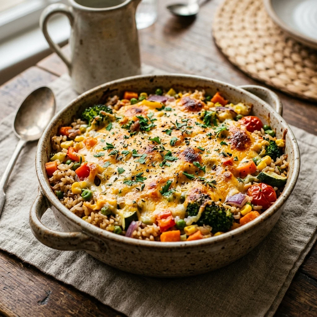 Vegetable Rice Casserole Cheesy One-Dish No Meat Healthy