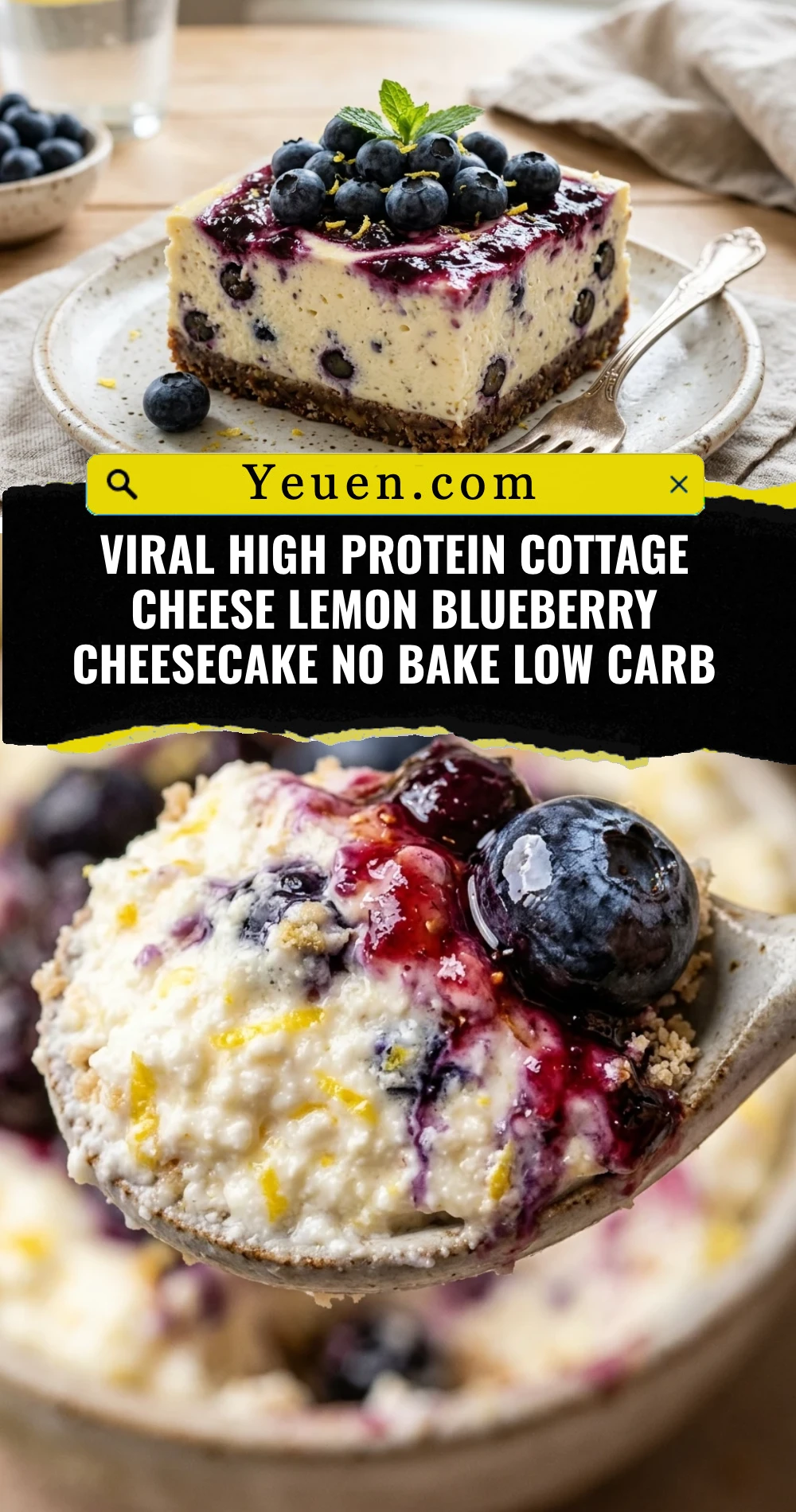 Viral High Protein Cottage Cheese Lemon Blueberry Cheesecake No Bake Low Carb